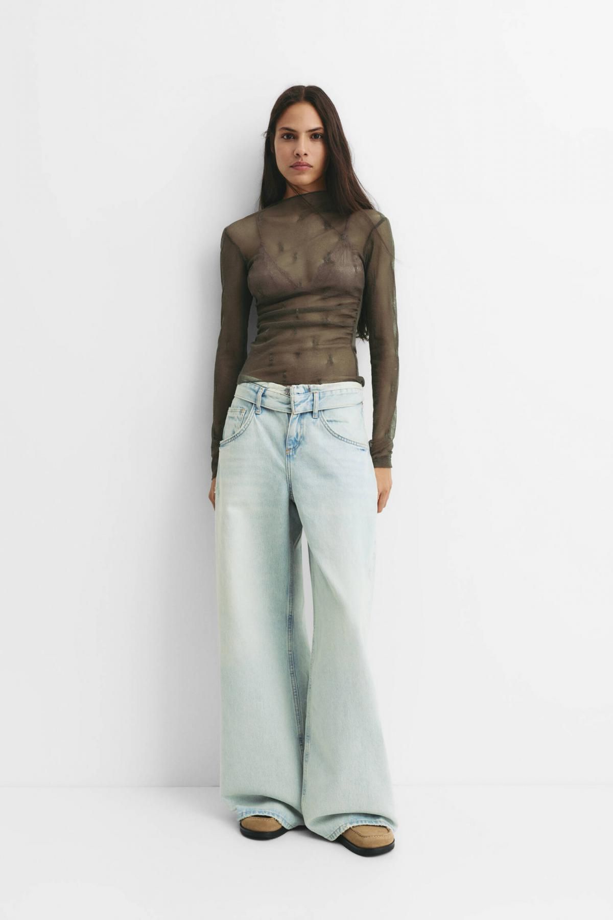 풀앤베어 시스루 슬림핏 라운드넥 긴팔 탑 7152/362 KHAKI - 상세 이미지 5