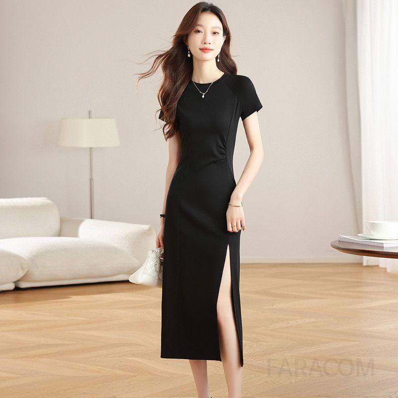 여름 바캉스룩 블랙 슬릿 롱원피스 시원한 착용감 여성 여름휴가 필수템 데일리 스타일링 쉬폰 편안한 외출용 드레스 - 상세 이미지 2