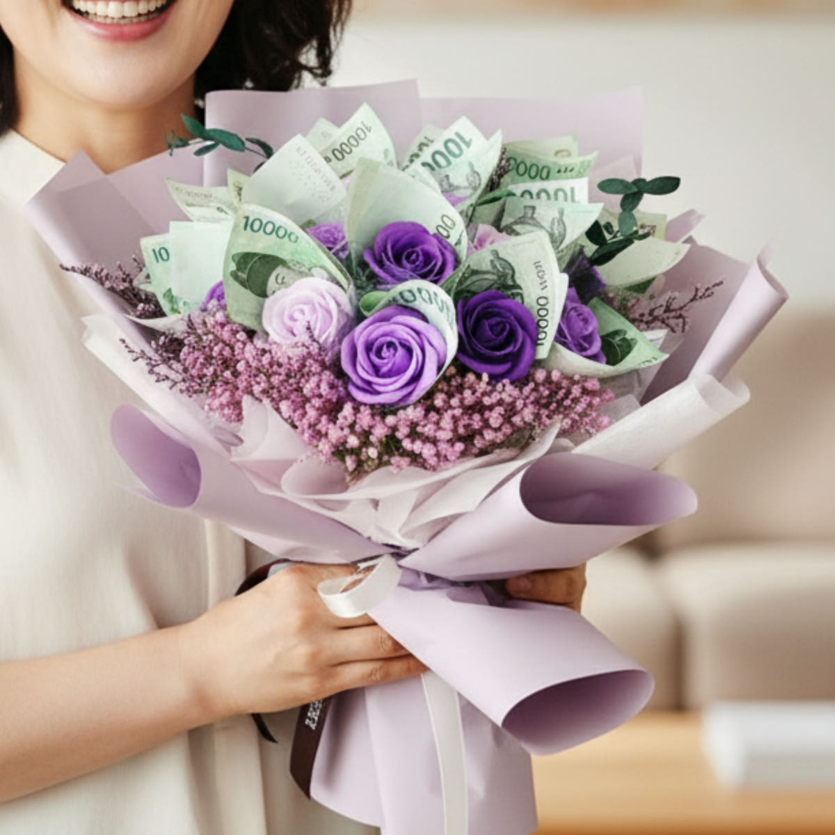테차 돈꽃다발 돈다발꽃 용돈 현금 카네이션 생일 꽃다발 칠순 보라장미 - 최저가 26,000원
