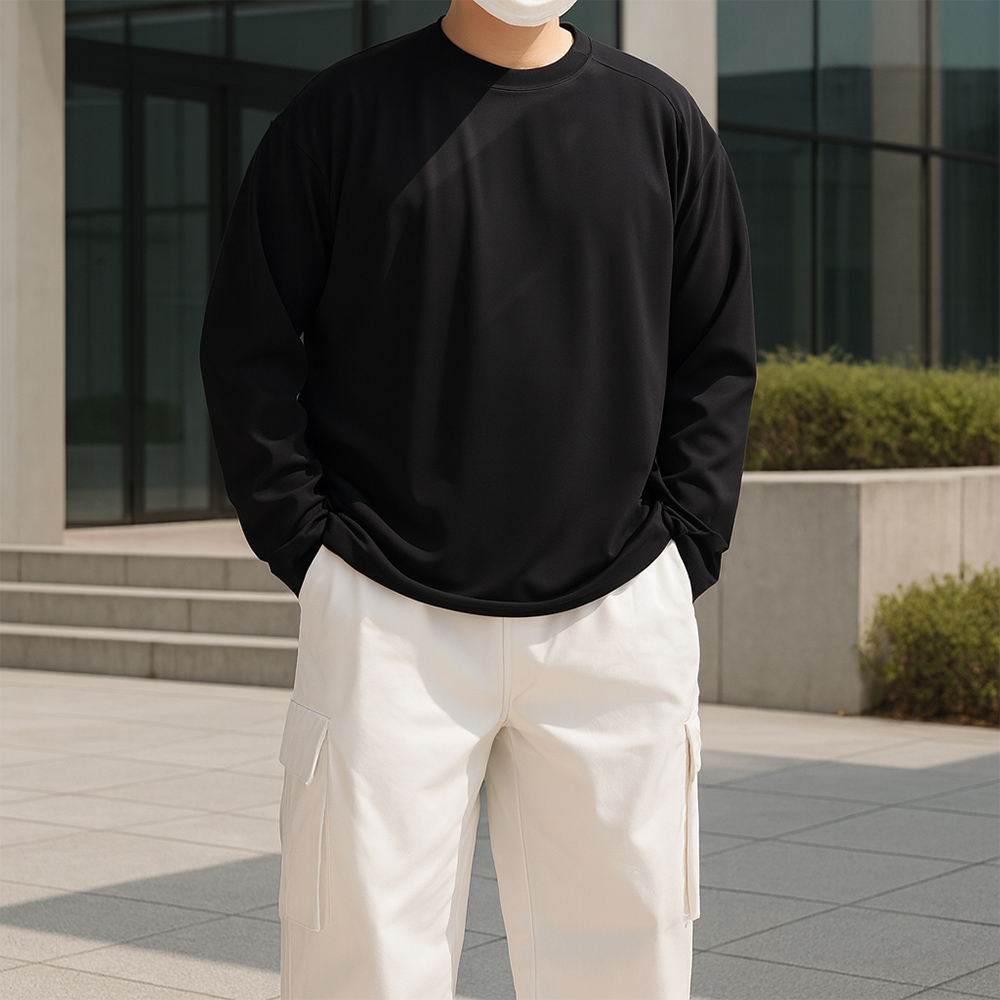 남자 비침없는 면 절개 트임 무지 긴팔티 - 상세 이미지 4