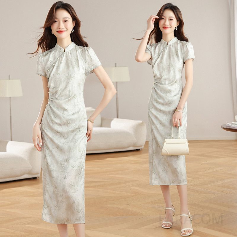 중국식 치파오 스타일 얇은 원피스 여성 여름 드레스 셀프웨딩 신부용 럭셔리 디자인 롱 스커트 브라이덜샤워 의상 - 상품 이미지