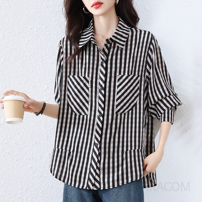 여성 긴팔 셔츠 가을 스타일리시한 캐주얼 폴로 칼라 체크 패턴 슬림 루즈핏 코튼 소재 데일리룩으로 편안한 착용감의 올매치 탑 - 상품 이미지