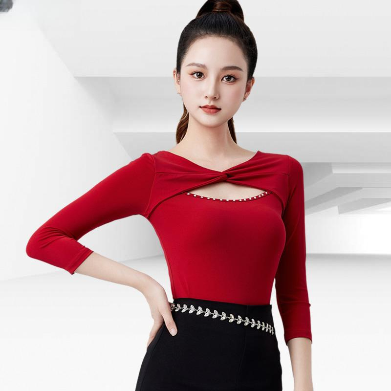 라인댄스복상의 가슴 트임 칠부 소매 탑 포인트 반팔 와인레드 M - 상품 이미지