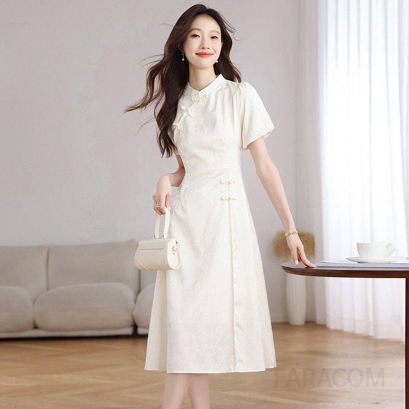 여름 여성 중국 전통 치파오 드레스 슬림핏 개량형 원피스 복고풍 스타일로 파티나 시원한 착용감의 가벼운 의상 - 상세 이미지 4