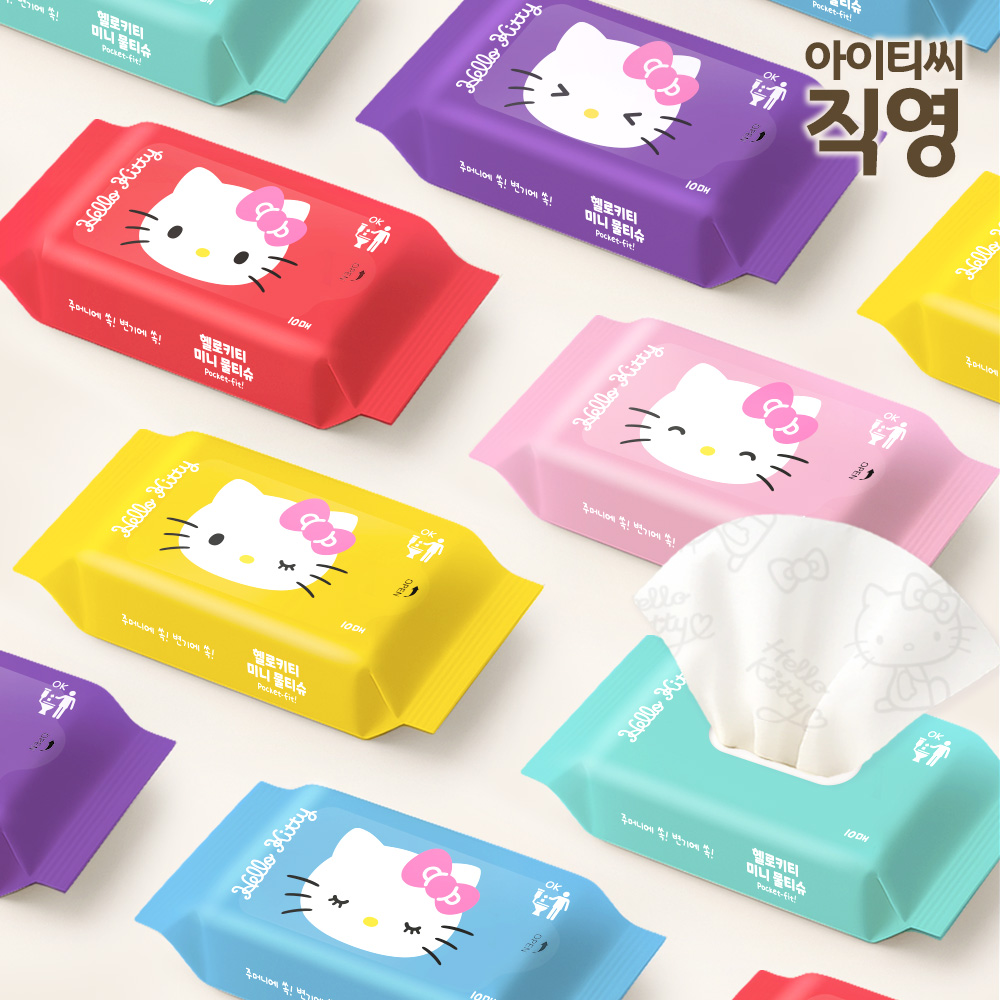 헬로키티 포켓핏 미니 물티슈 휴대용 생분해 물티슈 6입 10매, 2개