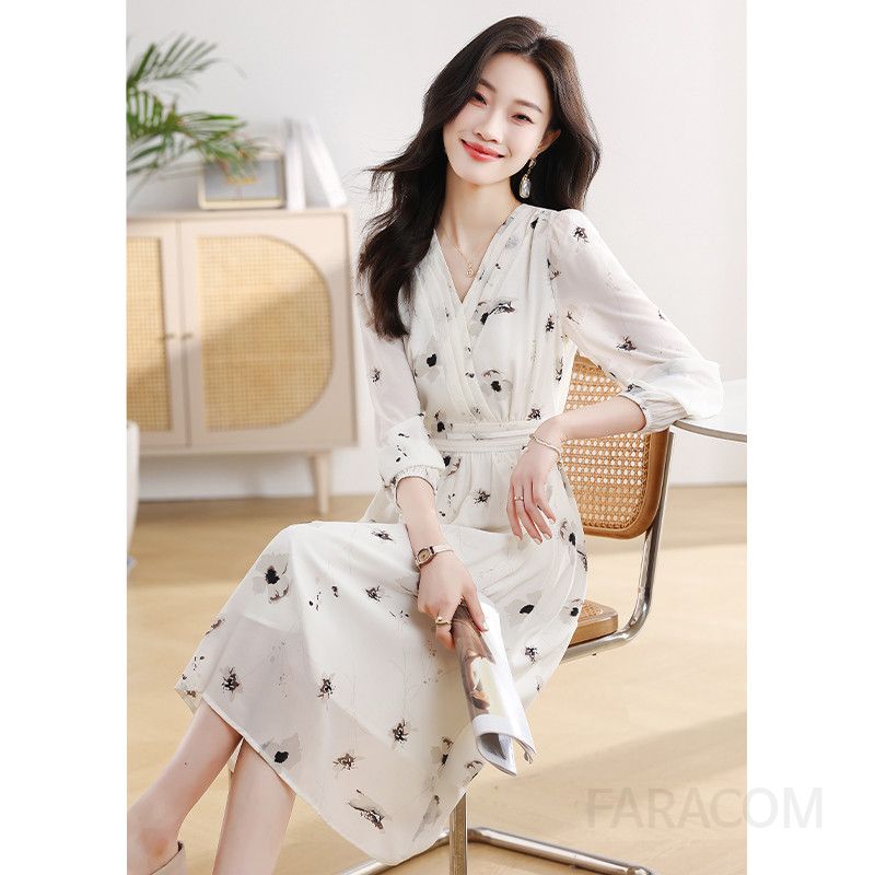 봄 하객룩 여성 쉬폰 A라인 드레스 슬림핏 플라워 패턴 허리 강조 중간 길이 우아한 스타일 미디 원피스 - 상세 이미지 3