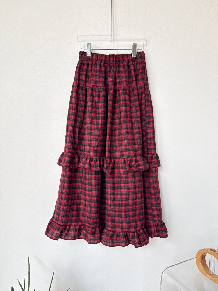 체크 2단 프릴 캉캉 밴딩 가을 롱스커트