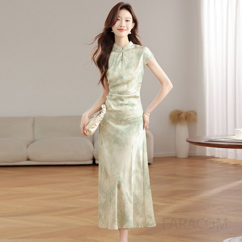 여성 여름 중국식 치파오 스타일 드레스 셀프웨딩 신부 들러리용 롱 원피스 얇고 시원한 착용감 전통의상 느낌의 럭셔리한 연말 이브닝 공연 의상 - 상세 이미지 2