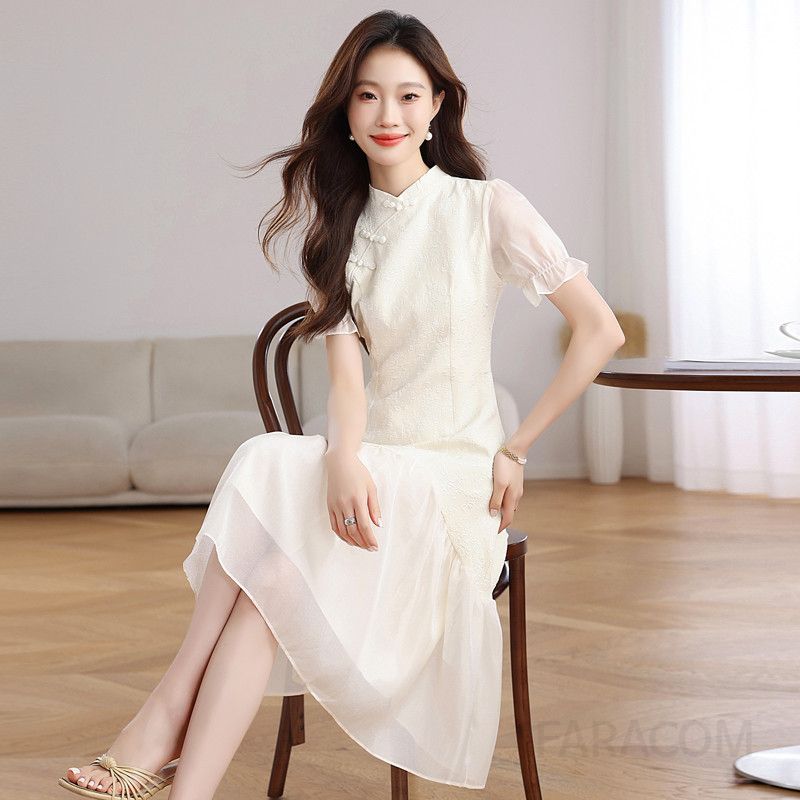 여름 여성 중국풍 치파오 스타일 드레스 빈티지 개량 원피스 파티 촬영용 의상 슬림핏 디자인 결혼식 피로연 브라이덜샤워에 적합한 우아한 스타일 - 상세 이미지 3