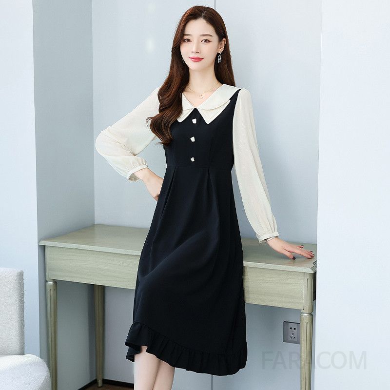가을 빅사이즈롱원피스 프렌치스타일 슬림핏 배꼽가리기 A라인 롱스커트 데일리룩 여성 원피스 - 상세 이미지 4