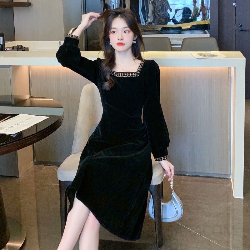 여성용 슬리밍 가을 벨벳 롱원피스 헵번 스타일 우아한 프렌치 드레스 배커버 효과와 따뜻한 착용감의 고급스러운 연말 파티룩 - 상세 이미지 4