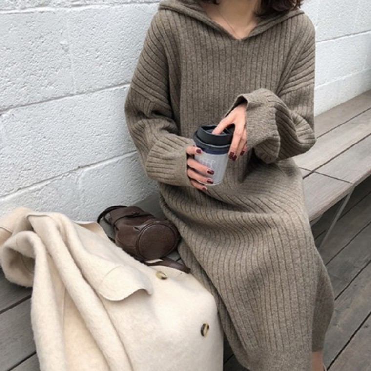 보들터치 골지후드 롱원피스 - 상품 이미지