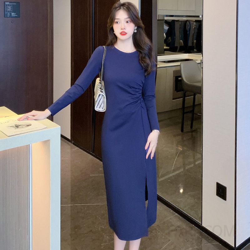 여성 가을 긴팔 슬림 원피스 슬릿 디자인 허리 슬리밍 효과 여신 스타일 데일리룩 매력적인 A라인 실루엣 편안한 착용감과 멋스러운 외출용 - 상세 이미지 3