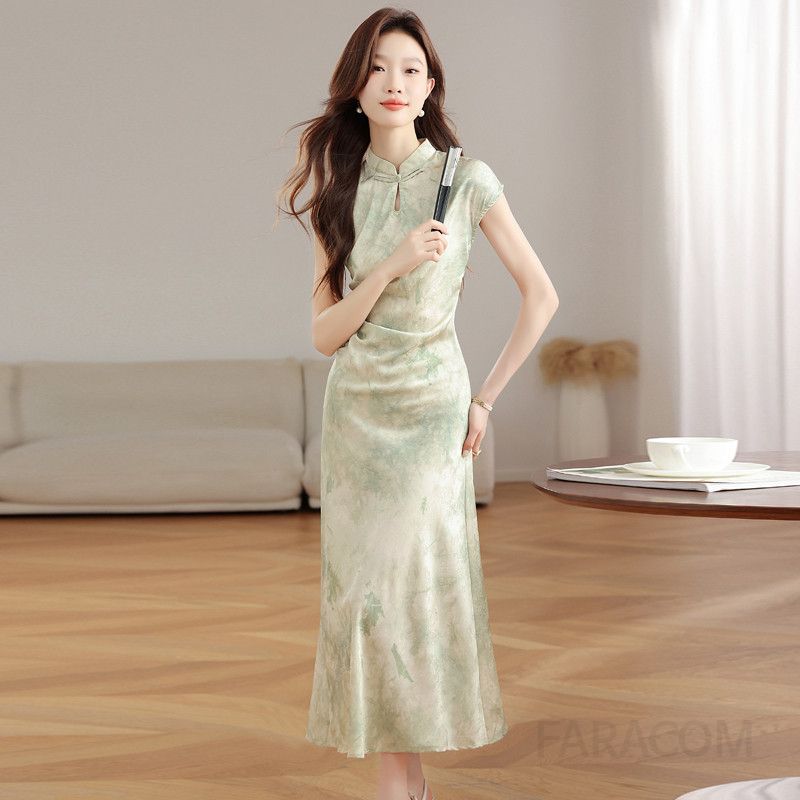 여성 여름 중국식 치파오 스타일 드레스 셀프웨딩 신부 들러리용 롱 원피스 얇고 시원한 착용감 전통의상 느낌의 럭셔리한 연말 이브닝 공연 의상 - 상세 이미지 4