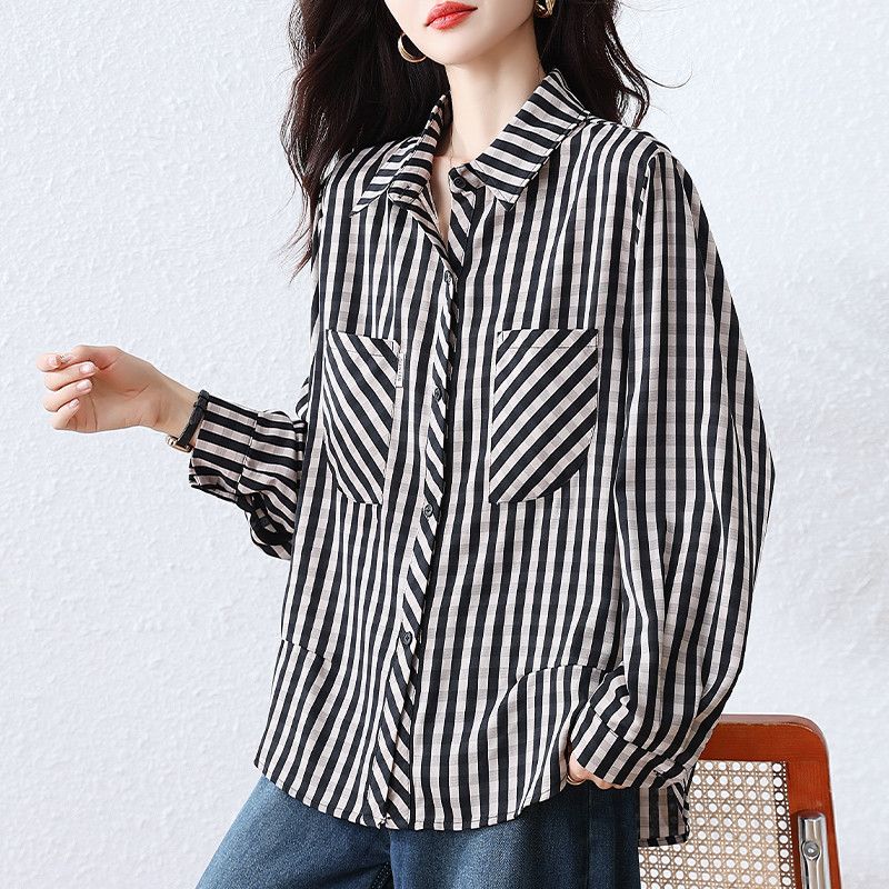 여성 긴팔 셔츠 가을 스타일리시한 캐주얼 폴로 칼라 체크 패턴 슬림 루즈핏 코튼 소재 데일리룩으로 편안한 착용감의 올매치 탑 - 상세 이미지 3