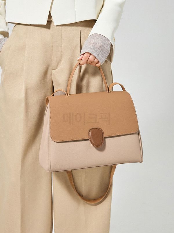 여성용 투톤배색 천연소가죽 탑핸들 토트백 숄더 크로스백 미니 스퀘어 데일리 오피스룩 - 상세 이미지 2