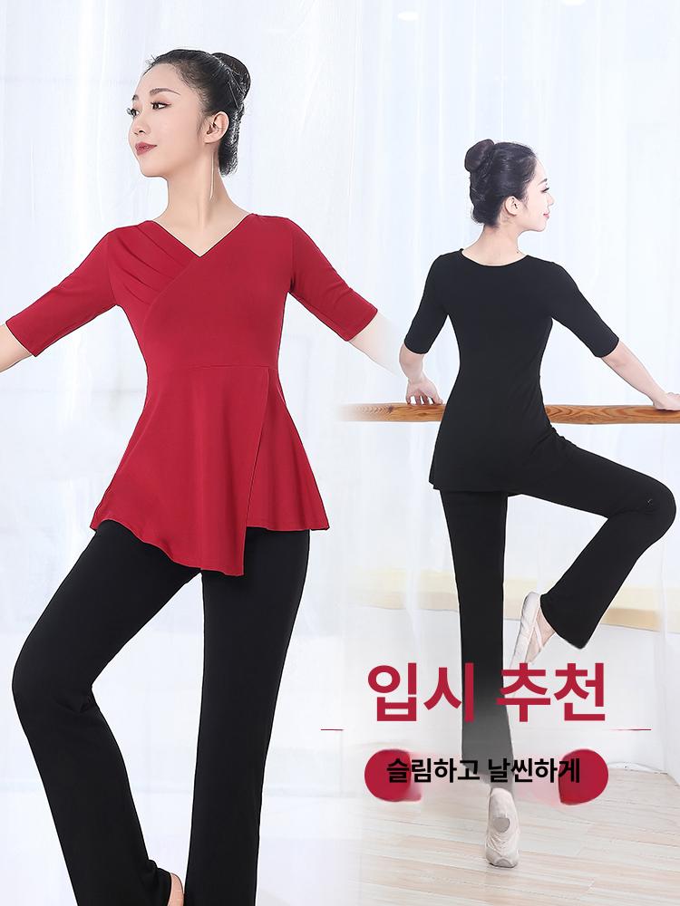 라인댄스복 상의 반팔 옆트임 디테일 셔링 티셔츠 긴팔 블랙 긴팔 S - 상세 이미지 3