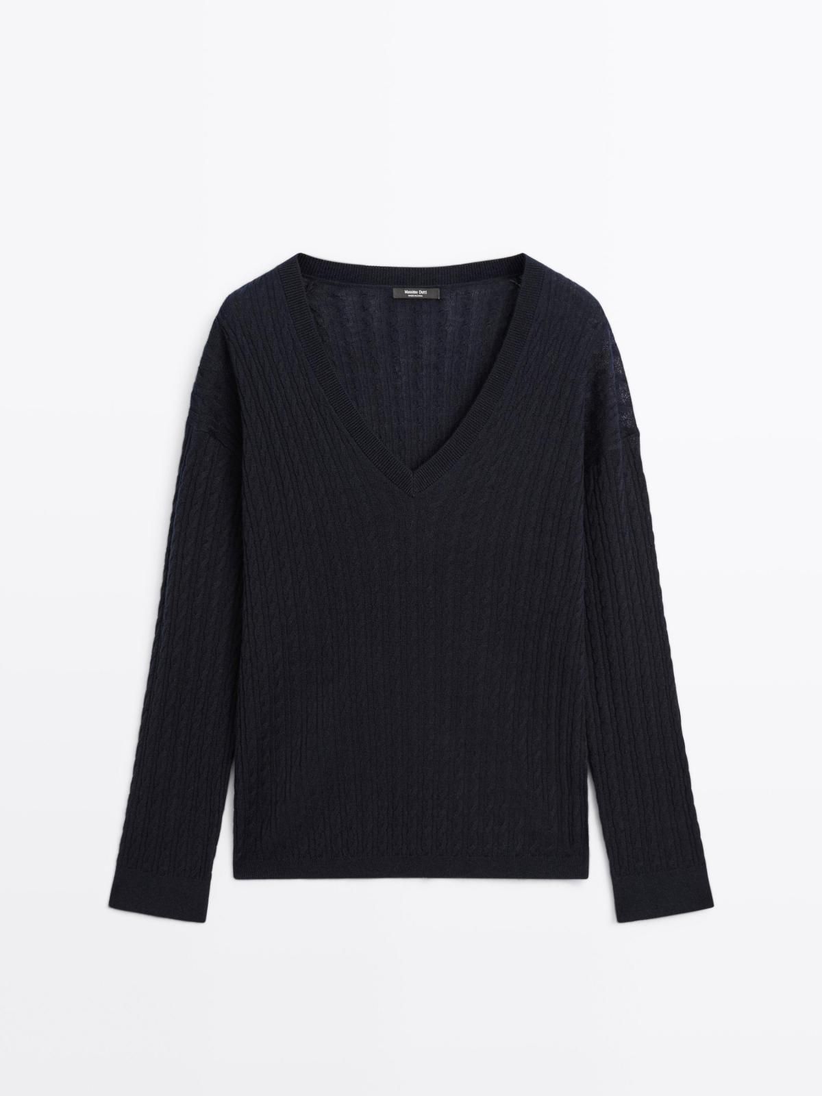 마시모두띠 베이직 브이넥 울블렌드 긴팔 케이블 니트 스웨터 5684/579 NAVY BLUE - 상품 이미지