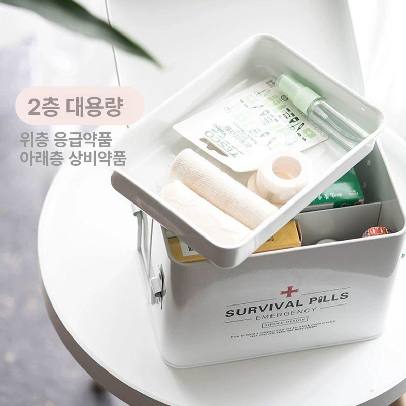 레트로 수납정리함 철재상자 약국 응급 약상자 가정용 대형 약품함 베이지업그레이드분리형칸막이 - 상세 이미지 4