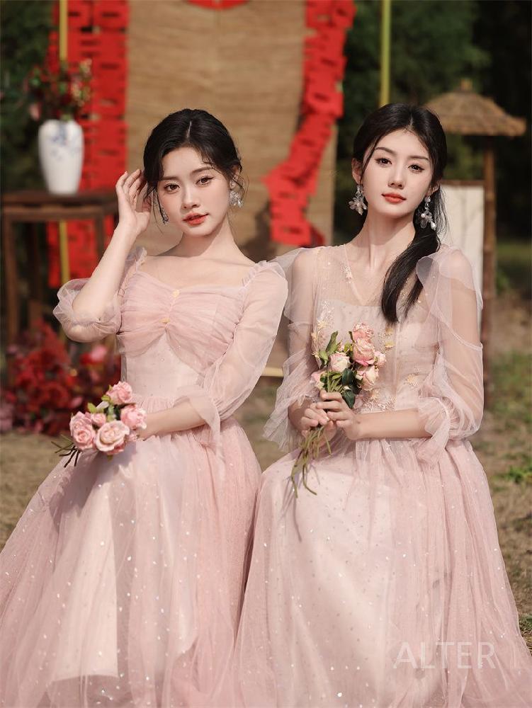핑크 드레스 들러리 공연 브라이덜 웨딩 빅사이즈 핑크 롱 원숄더 스팽글 M(44-55kg) - 상세 이미지 4