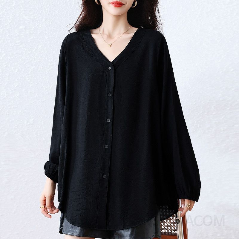 브이넥 긴팔 여성 루즈핏 가디건 가을 데일리 솔리드 컬러 캐주얼 셔츠 스타일 가벼운 착용감 중년 엄마옷 코디 편안한 외출용 - 상품 이미지