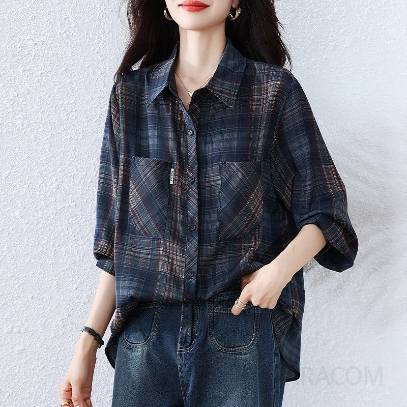 여성 긴팔 체크셔츠 가을 패셔너블한 스타일 고급스러운 캐주얼 셔츠 데일리로 입기 좋은 코튼소재 편안한 착용감 - 상품 이미지