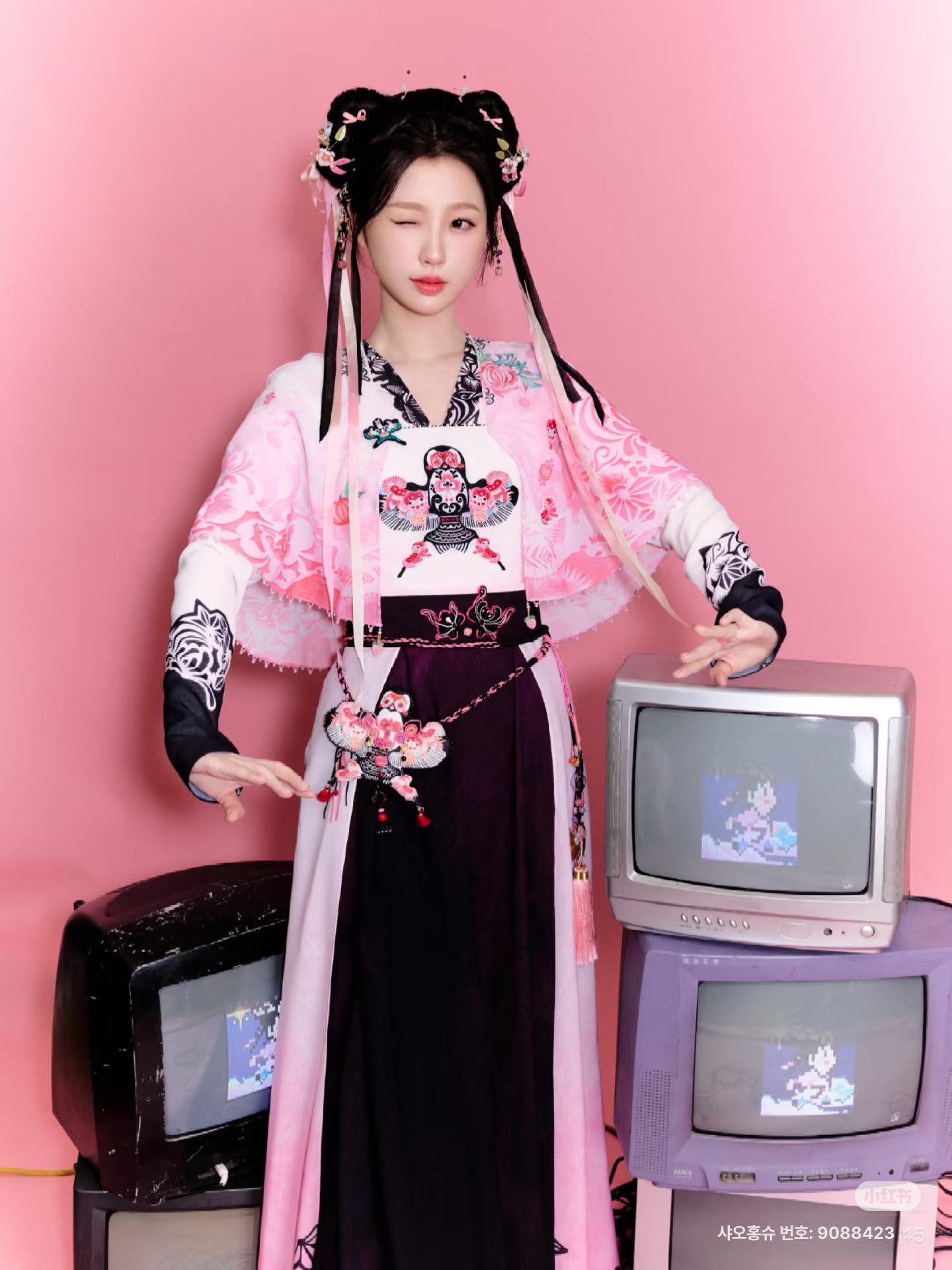개량전통옷 무대의상 퓨전 이브닝 의상 콩쿨 공연 무용 호스트 행사 어른 저고리 계량 핑크 드레스+숄 S 155-160cm - 상세 이미지 2