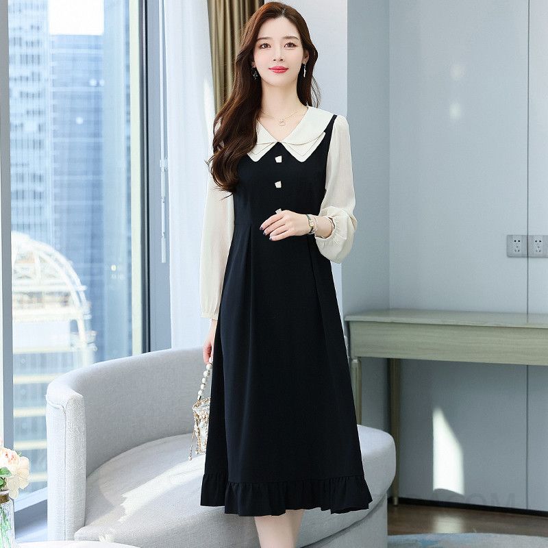 가을 빅사이즈롱원피스 프렌치스타일 슬림핏 배꼽가리기 A라인 롱스커트 데일리룩 여성 원피스 - 상세 이미지 2