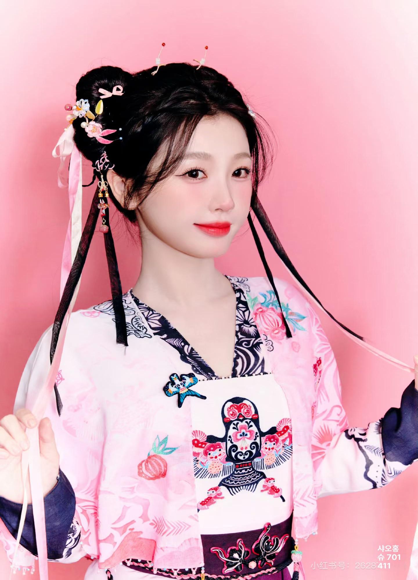 개량전통옷 무대의상 퓨전 이브닝 의상 콩쿨 공연 무용 호스트 행사 어른 저고리 계량 핑크 드레스+숄 S 155-160cm - 상세 이미지 4