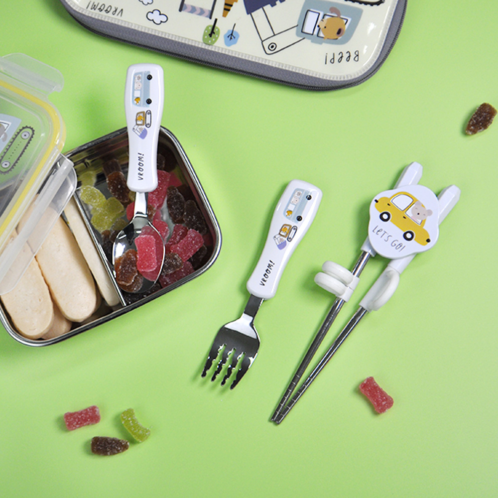 키친유 키즈부릉 자동차 스텐 아기 스푼포크 젓가락 케이스 세트 유아 숟가락 어린이집 준비물