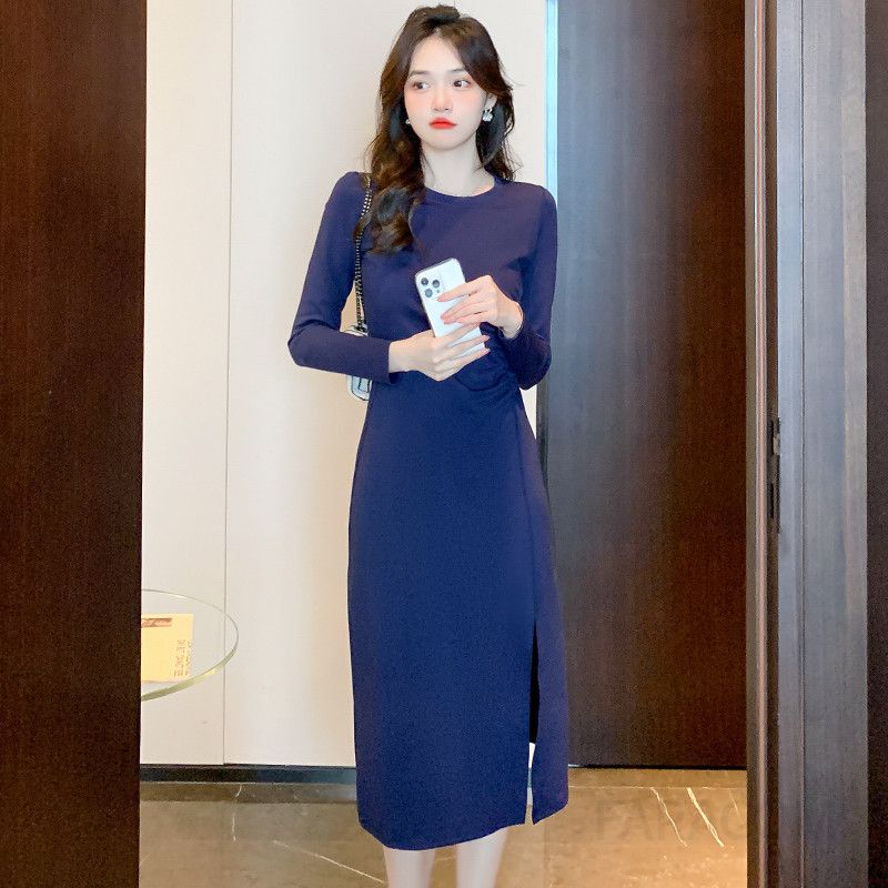 여성 가을 긴팔 슬림 원피스 슬릿 디자인 허리 슬리밍 효과 여신 스타일 데일리룩 매력적인 A라인 실루엣 편안한 착용감과 멋스러운 외출용 - 상세 이미지 2