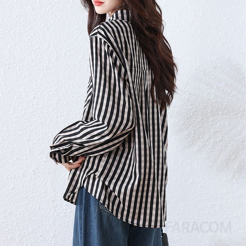 여성 긴팔 셔츠 가을 스타일리시한 캐주얼 폴로 칼라 체크 패턴 슬림 루즈핏 코튼 소재 데일리룩으로 편안한 착용감의 올매치 탑 - 상세 이미지 4