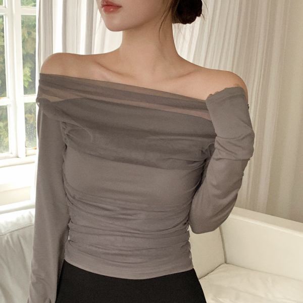 샤 셔링 레이어드 오프숄더 긴팔 티셔츠 ts4739 - 상품 이미지
