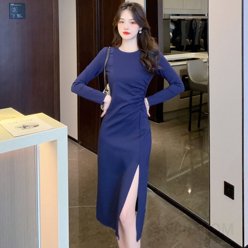 여성 가을 긴팔 슬림 원피스 슬릿 디자인 허리 슬리밍 효과 여신 스타일 데일리룩 매력적인 A라인 실루엣 편안한 착용감과 멋스러운 외출용 - 상품 이미지