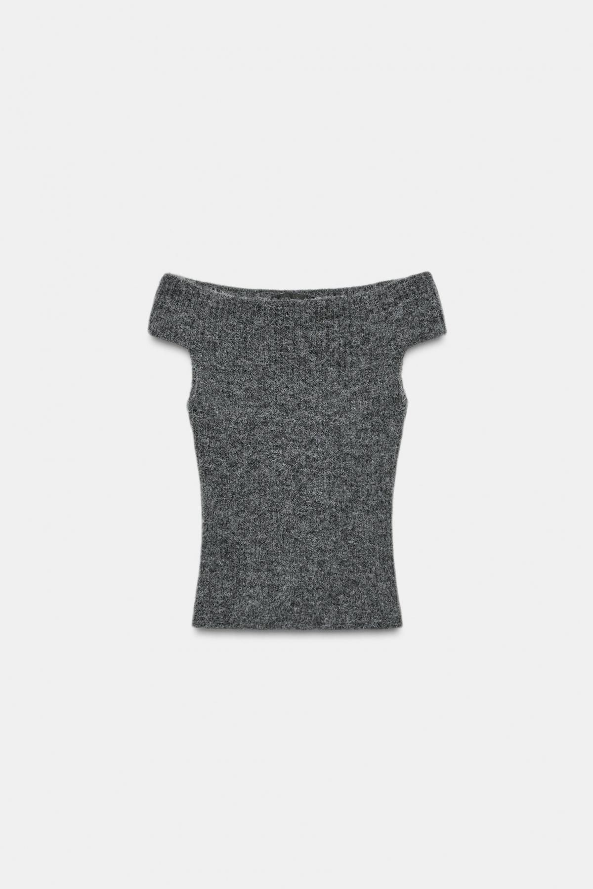 자라 슬림핏 오프숄더 반팔 골지 니트 탑 4331/107 ANTHRACITE GREY - 상품 이미지