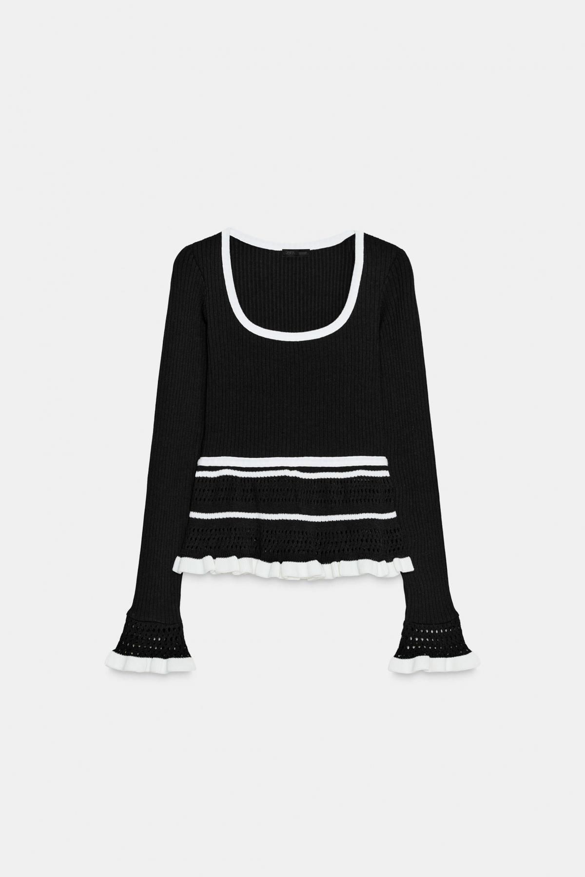 자라 배색 슬림핏 라운드넥 니트 긴팔 티셔츠 4770/461 BLACK / WHITE - 상품 이미지