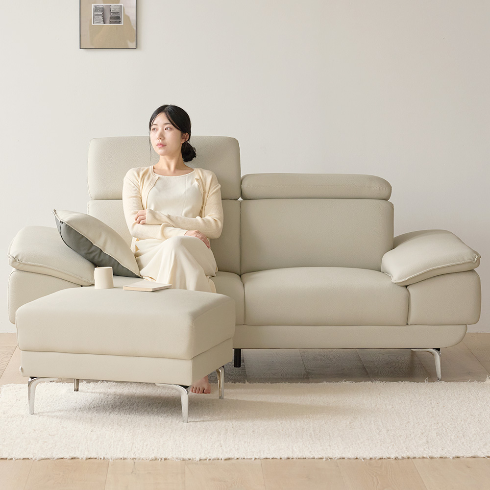 [웰퍼니쳐] 타이탄 고급 카페 라운지 펜션 인테리어 가죽 소파 스툴미포함, 라이트베이지, 3인용