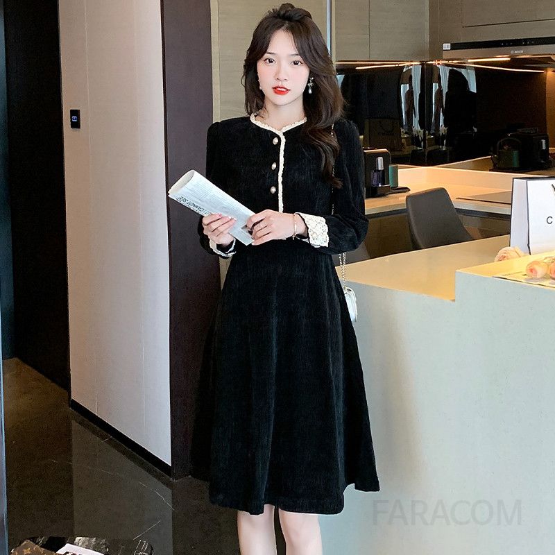 가을 여성 슬림핏 코듀로이 롱원피스 라운드넥 긴팔 캐주얼 스타일 A라인 디자인 데일리룩으로 적합한 미디 길이 드레스 - 상품 이미지
