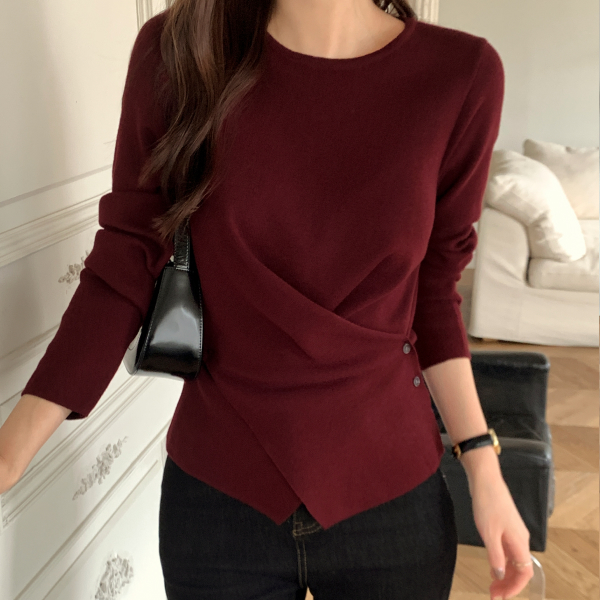 멜로 소매 2기장 라운드 투버튼 랩 드레이프 니트 nt5042 제품 이미지