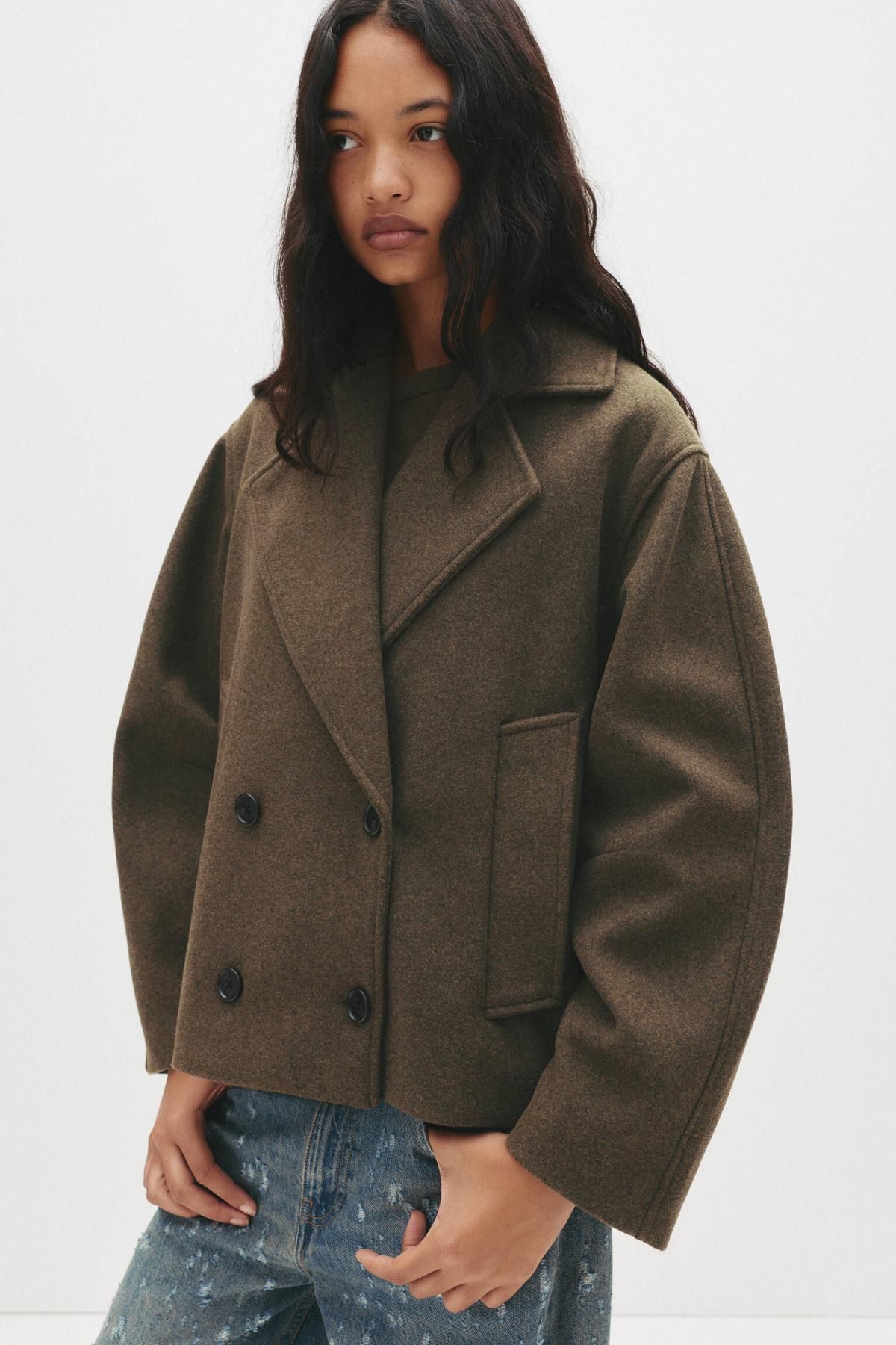 풀앤베어 울 블렌드 테일러드 더블 버튼 숏 코트 7800/311 MOLE BROWN - 상세 이미지 3