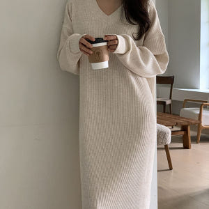 [자체제작] 2967 넓은 브이넥 골지 맨투맨 롱 원피스 루즈핏 빅사이즈 착용 후기 | 사이즈/핏 총정리 - 상품 이미지 2