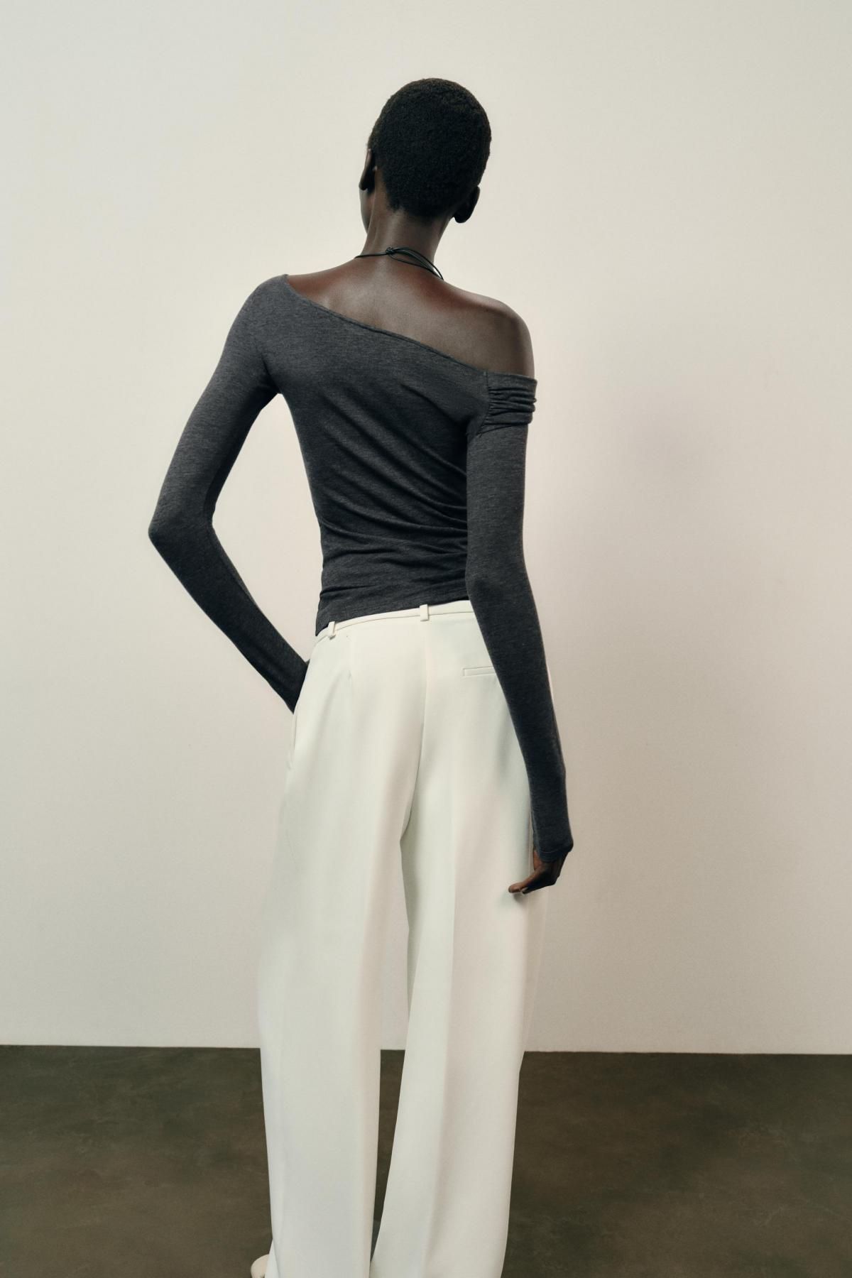 자라 비대칭 네크라인 슬림핏 긴팔 티셔츠 3431/631 GREY MARL 이미지 6