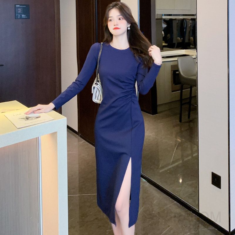 여성 가을 긴팔 슬림 원피스 슬릿 디자인 허리 슬리밍 효과 여신 스타일 데일리룩 매력적인 A라인 실루엣 편안한 착용감과 멋스러운 외출용 - 상세 이미지 4