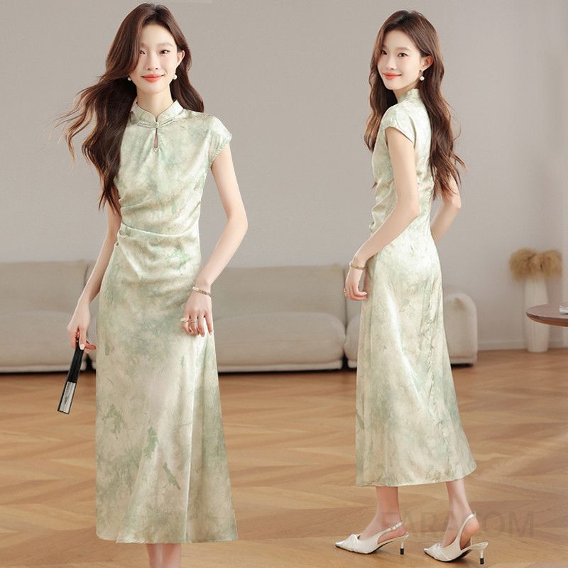 여성 여름 중국식 치파오 스타일 드레스 셀프웨딩 신부 들러리용 롱 원피스 얇고 시원한 착용감 전통의상 느낌의 럭셔리한 연말 이브닝 공연 의상 - 상품 이미지