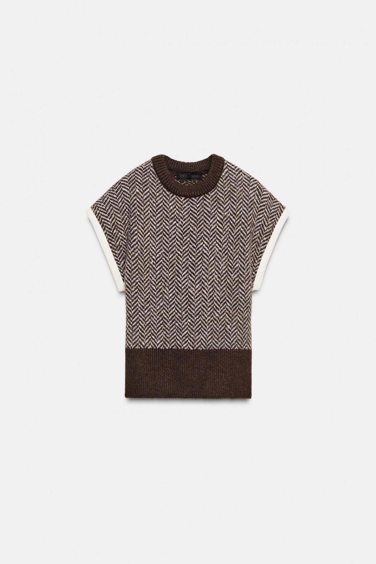 자라 클래식 라운드넥 민소매 케이블 니트 베스트 6771/141 ECRU / BROWN - 상품 이미지