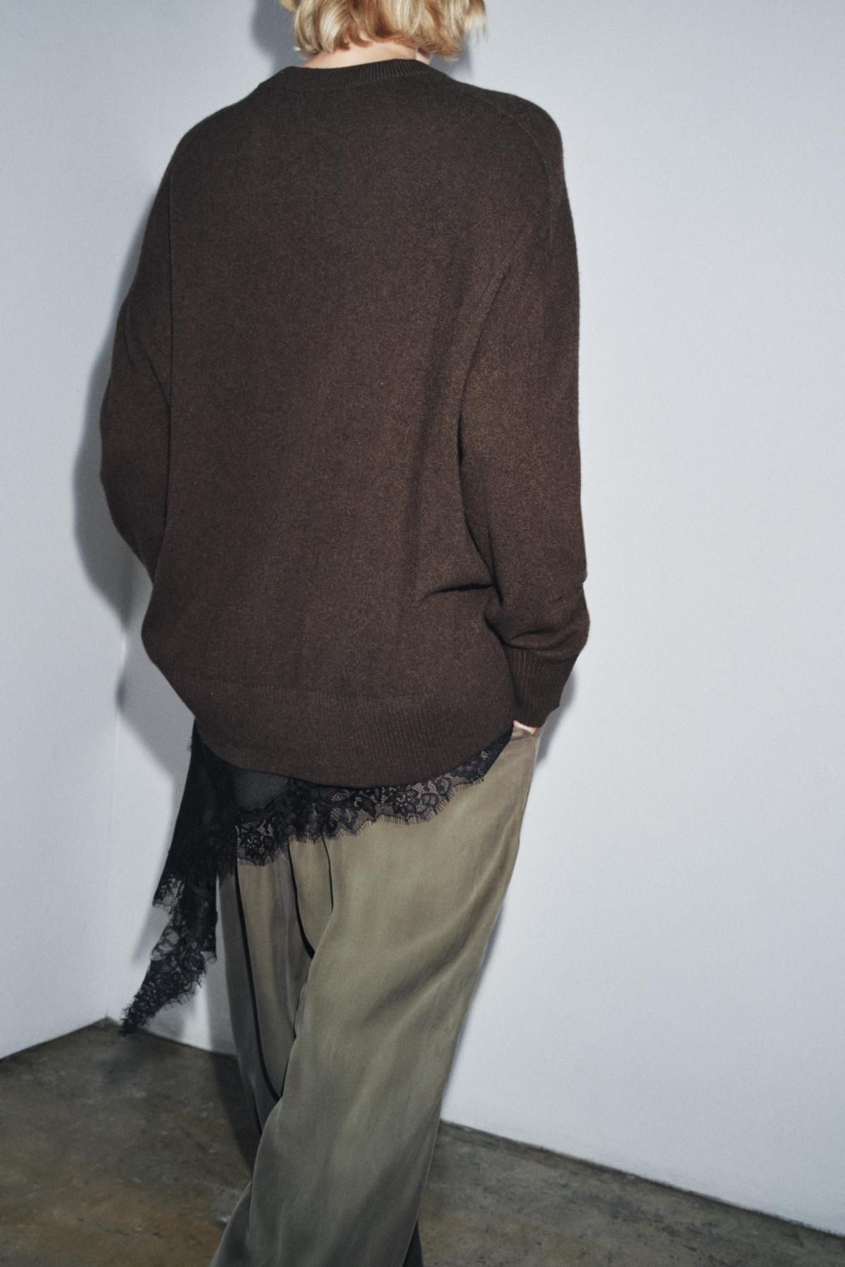 자라 100 울 라운드넥 오버사이즈 니트 스웨터 3644/101 BROWN - 상세 이미지 5