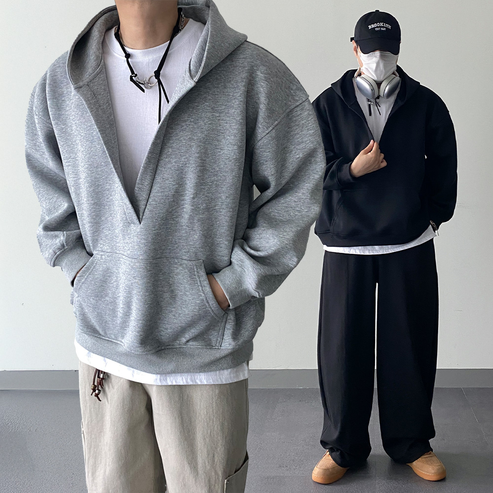 브이넥 오버핏 모자큰후드티 무지 가을 두꺼운후드티셔츠 - 상품 이미지