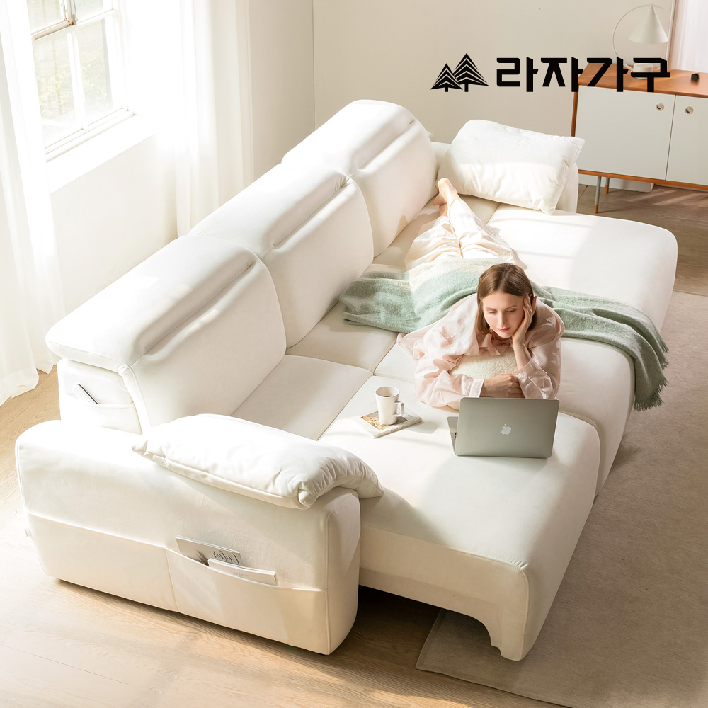 라자가구 레온 타이보텍스 패브릭 모션 쇼파 슬라이딩 리클라이너 스툴미포함, 아이보리, 4인용