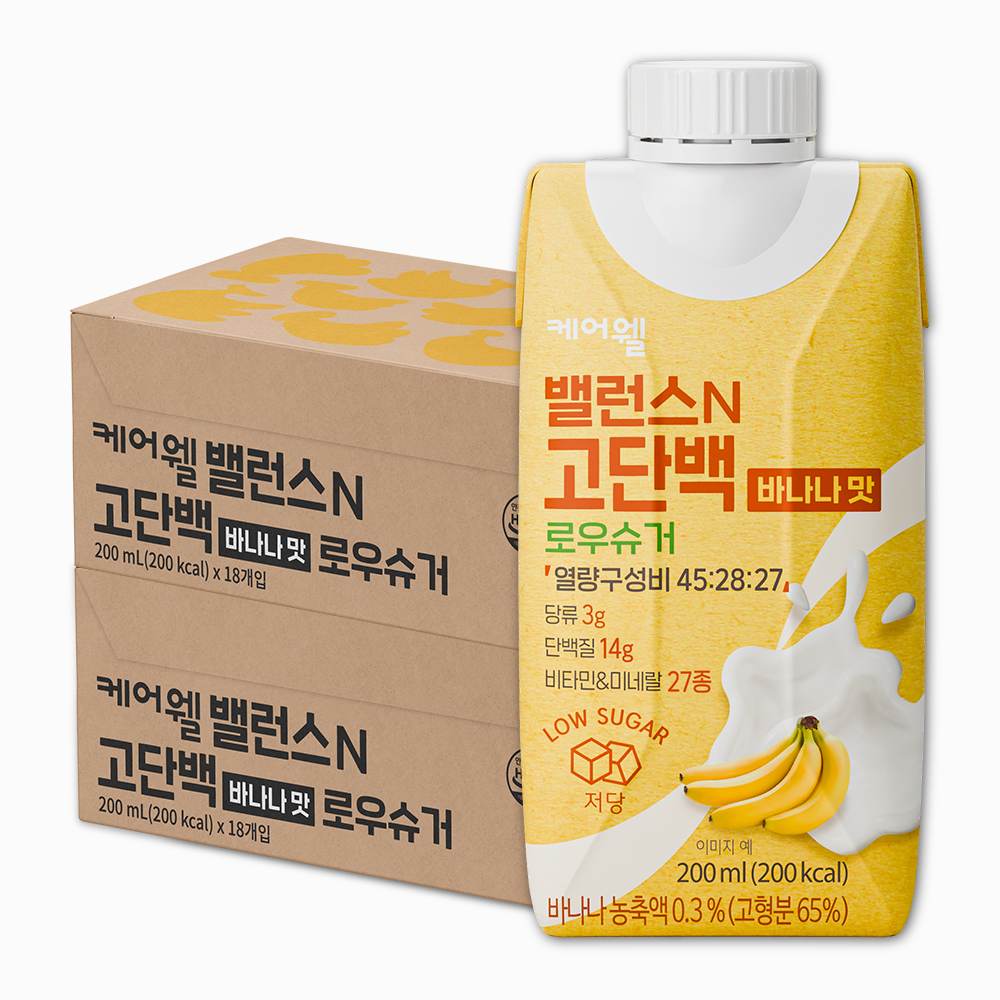 케어웰 밸런스N 고단백 바나나맛 로우슈거 식사대용 균형 영양식 환자유동식 200ml, 36개 - 상품 이미지