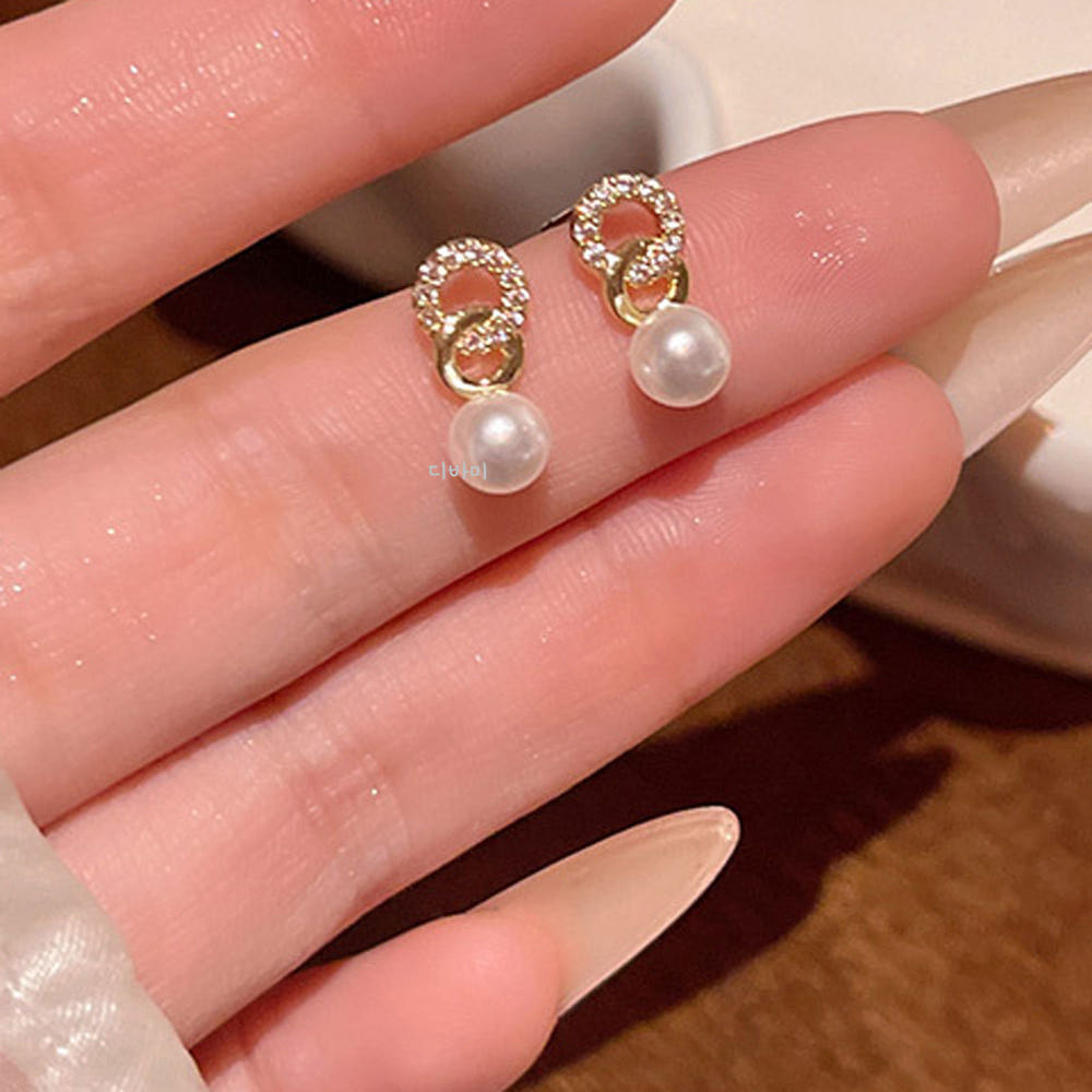 더블링 큐빅 미니 진주 데일리 귀걸이 드롭 써클 러블리 이어링 이미지 6